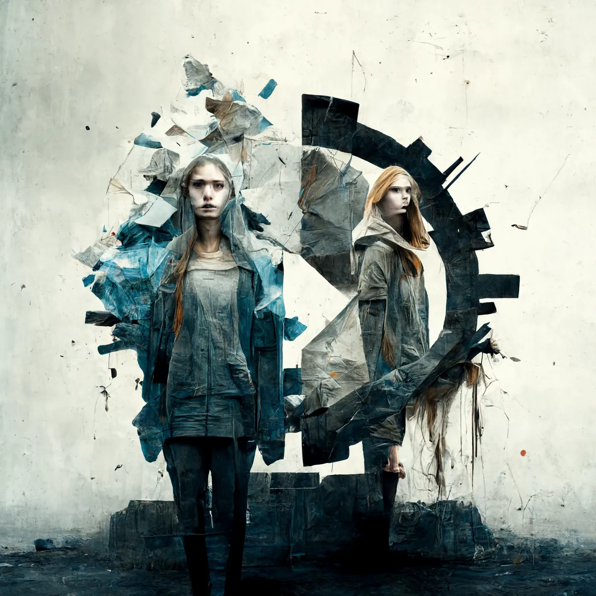 Illustration of two people standing in front of a shattering wall and a large cogwheel